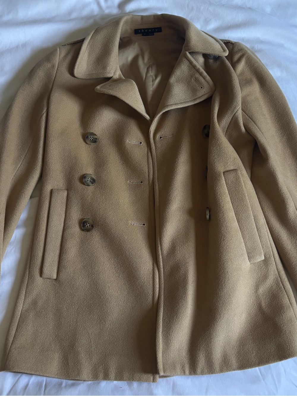 Theory Camel Double-Breasted Wool Pea Coat